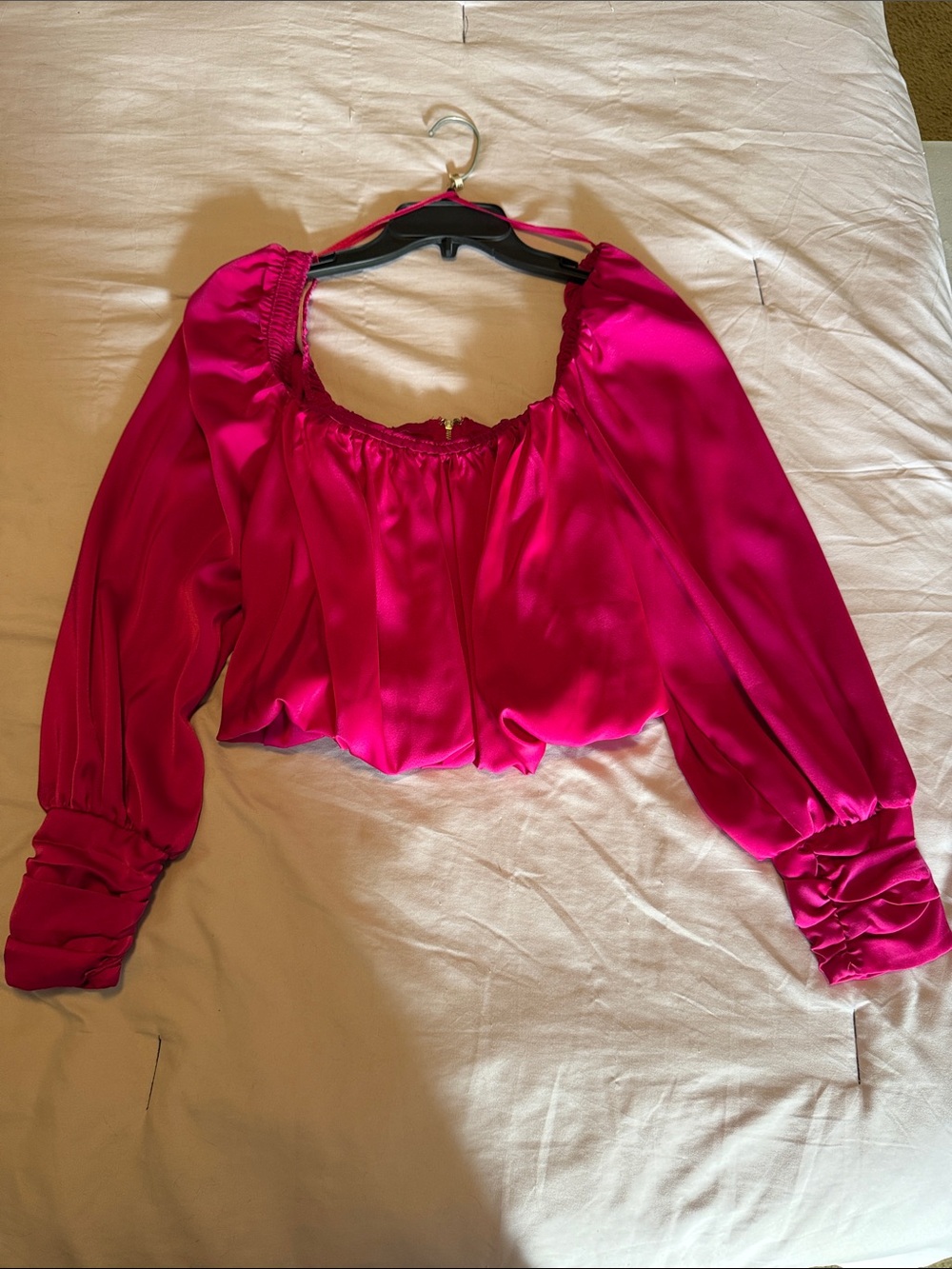 DO+BE Fuchsia Off-Shoulder Satin Crop Blouse